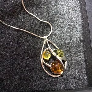 Sterling silver and tricolor amber necklace